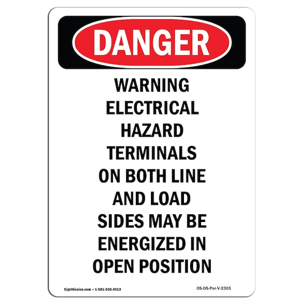 Safety Sign, OSHA Danger, 24" Height, Warning Electrical Hazard Terminals, Portrait